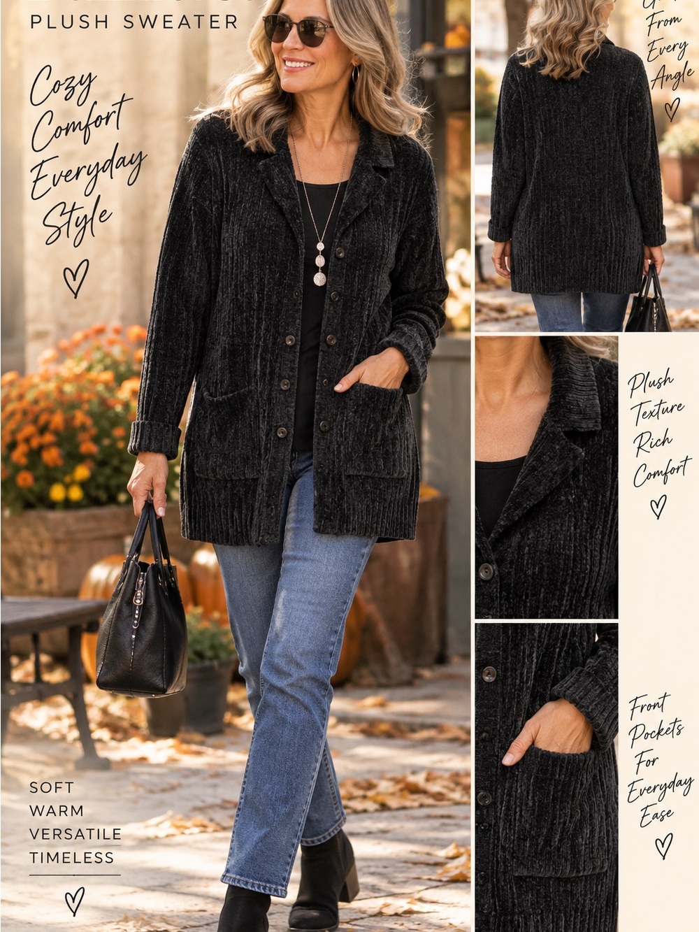 Denim&Co Black Ribbed Velvet Open-Front Cardigan